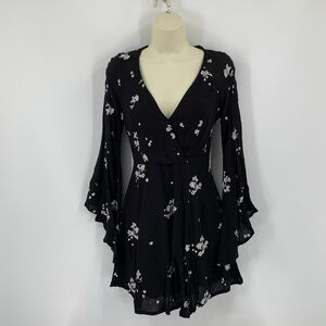 Free People Jasmine boho black dress embroidery mini floral fit flare crinkle 2